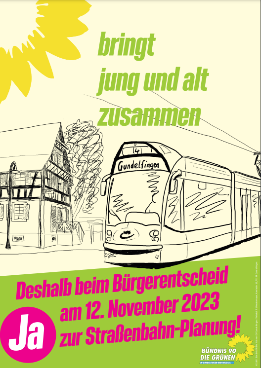 Plakat "bringt jung und alt zusammen - Deshalb beim Bürgerentscheid am 12. November 2023 Ja zur Straßenbahn-Planung"